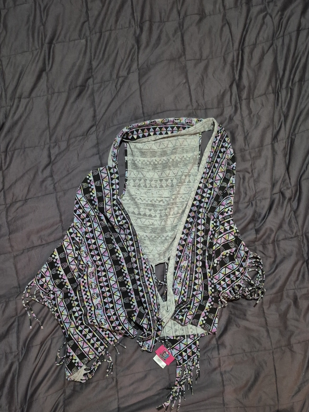 monster high Black Hooded Fringe Kimono with Lavender & White Geometric Print